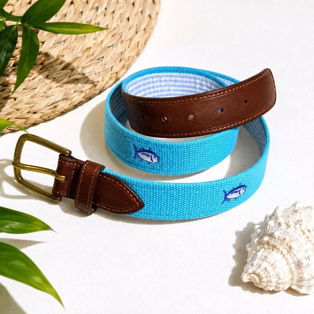 Southern Tide Skipjack Fish Belt Mens 38 Aqua Blue Canvas Leather Preppy Coastal